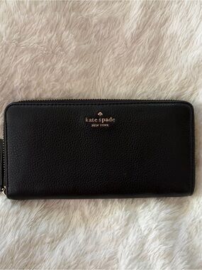 kate spade Black Leather Zip-Around Continental Wallet with Gold Logo